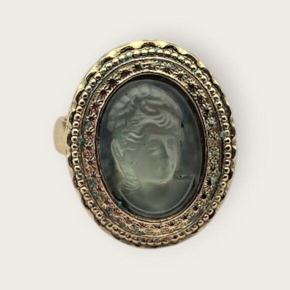 Vintage Whiting and Davis Glass Cameo Ring β Collectible Adjustable Gold Tone - Picture 5 of 8